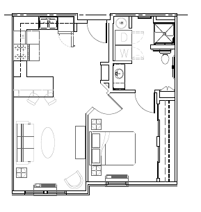 Floor plan for 1 bed, 1 bath, 650 sqft